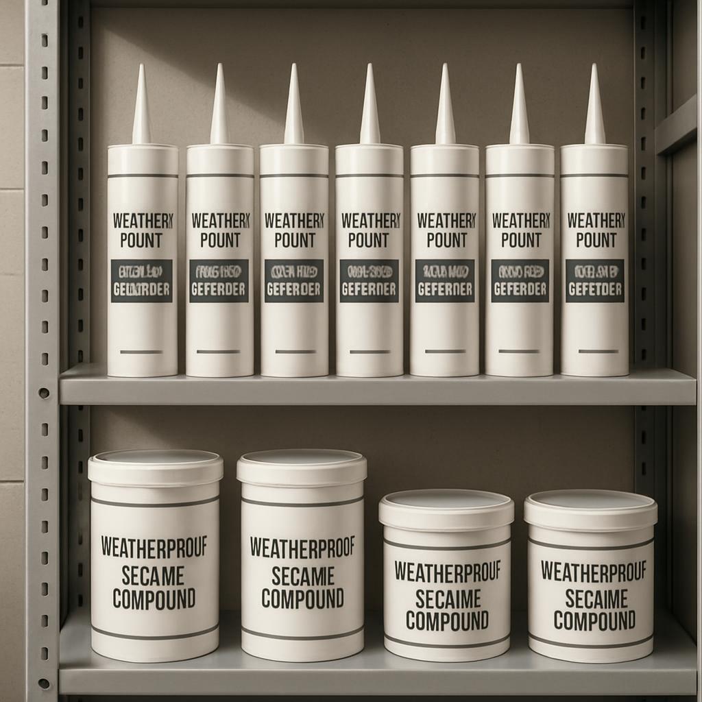 The sealant products shown are part of a carefully organized and systematically labeled system, equipped to maintain the b...