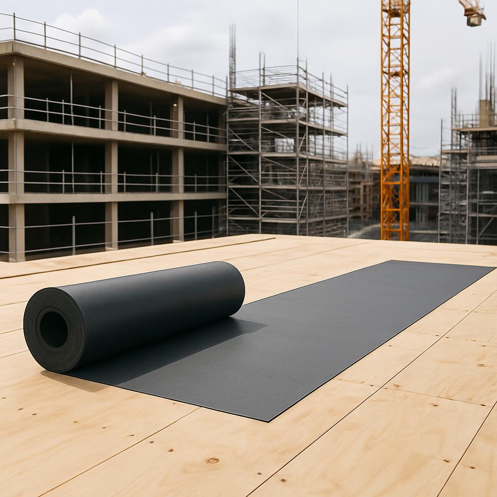 Image of a building under construction with a rolled-up yoga mat on the floor. There is a tower crane in the background.