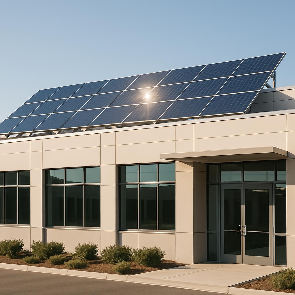 A horizontal P V system mounted on a flat roof may be described in this way: alt text: "Horizontal solar array on flat roo...