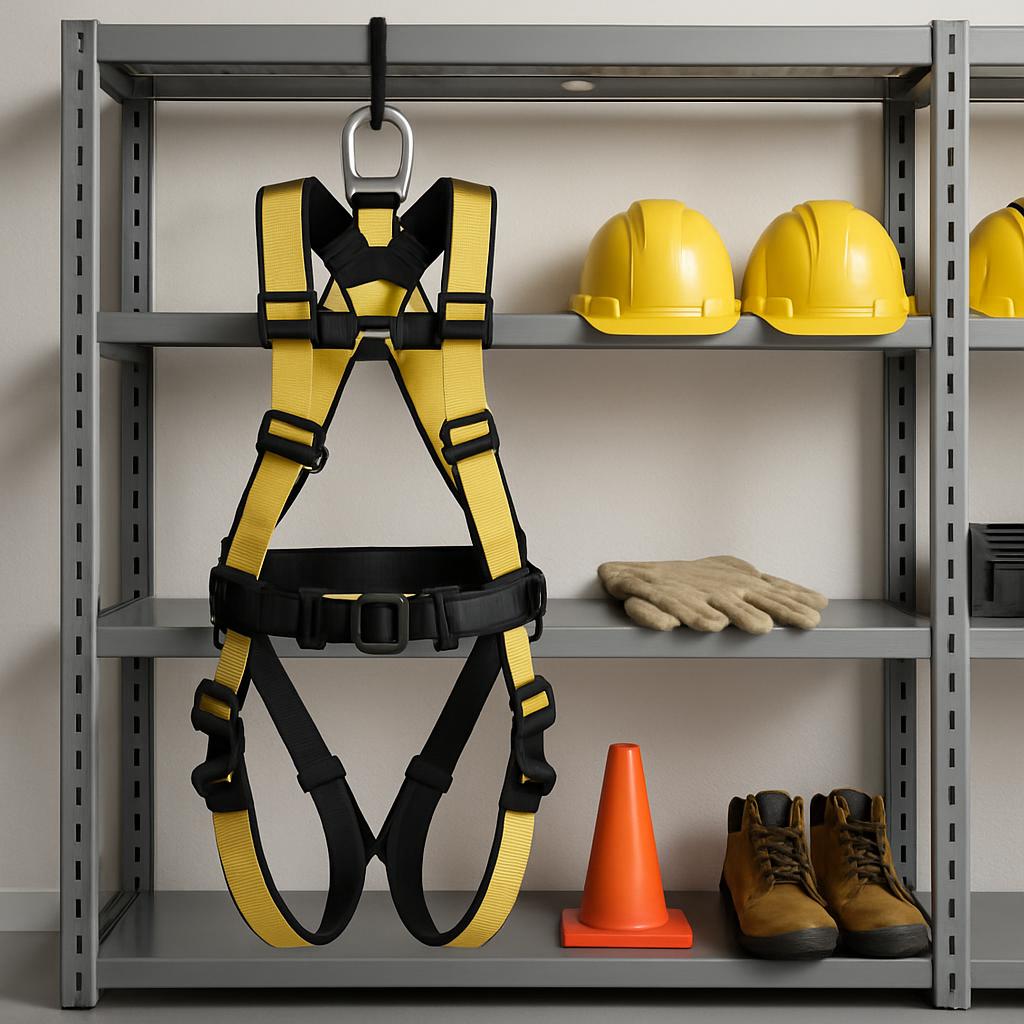 A yarn full body harness rests on a temporary grey shelving unit in a storage room, surrounded by a hardhat and gumboots, ...